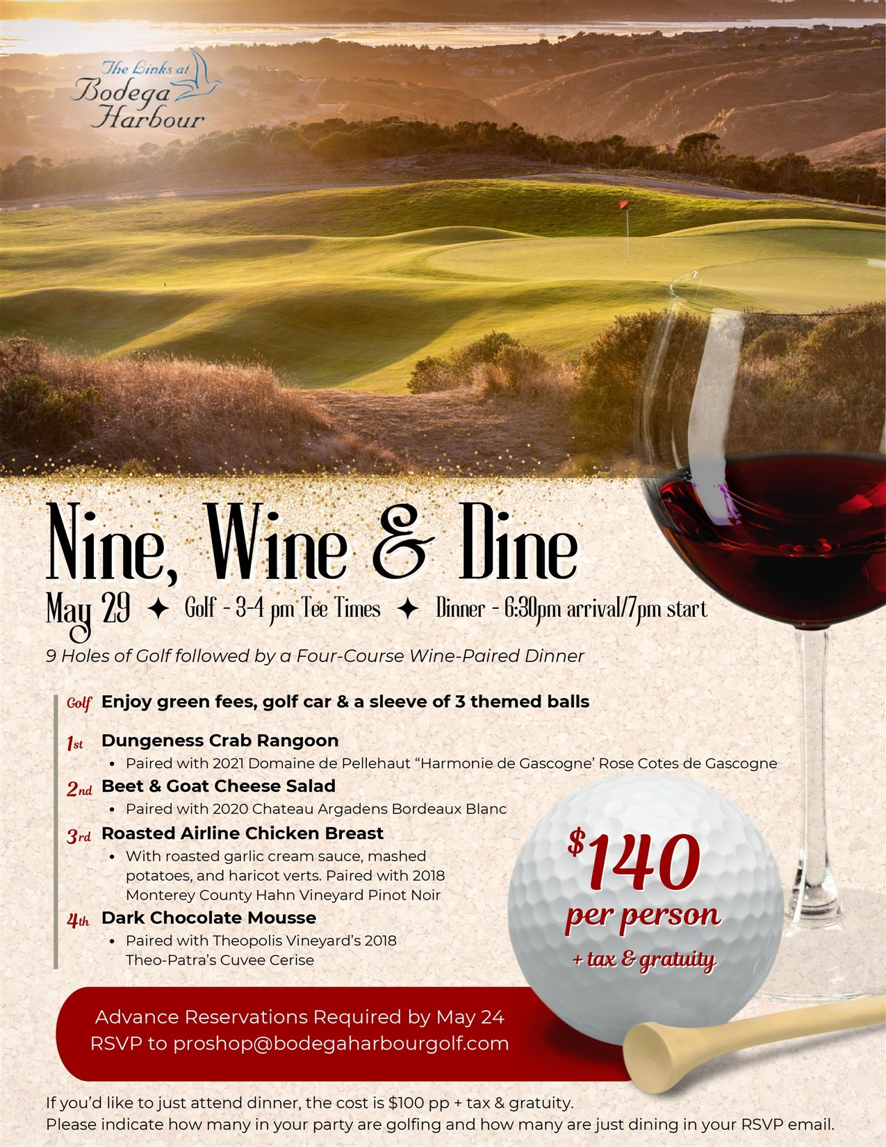 Nine, Wine & Dine Four Course Meal Event! May 29! (RSVP ONLY)