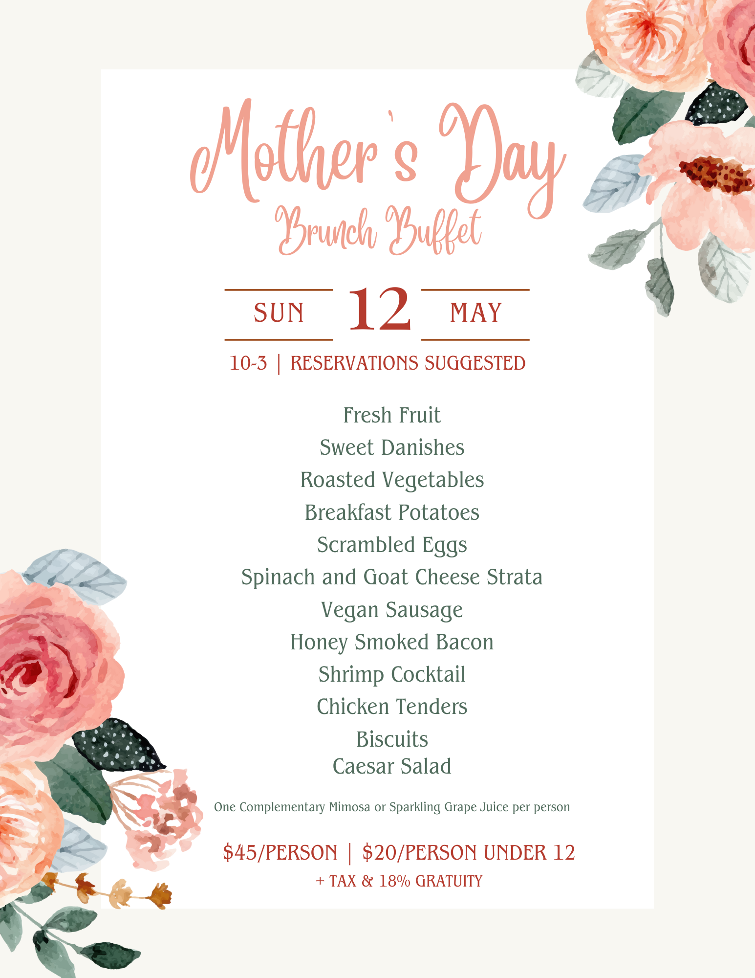 Mother's Day Brunch Buffet! May 12th!