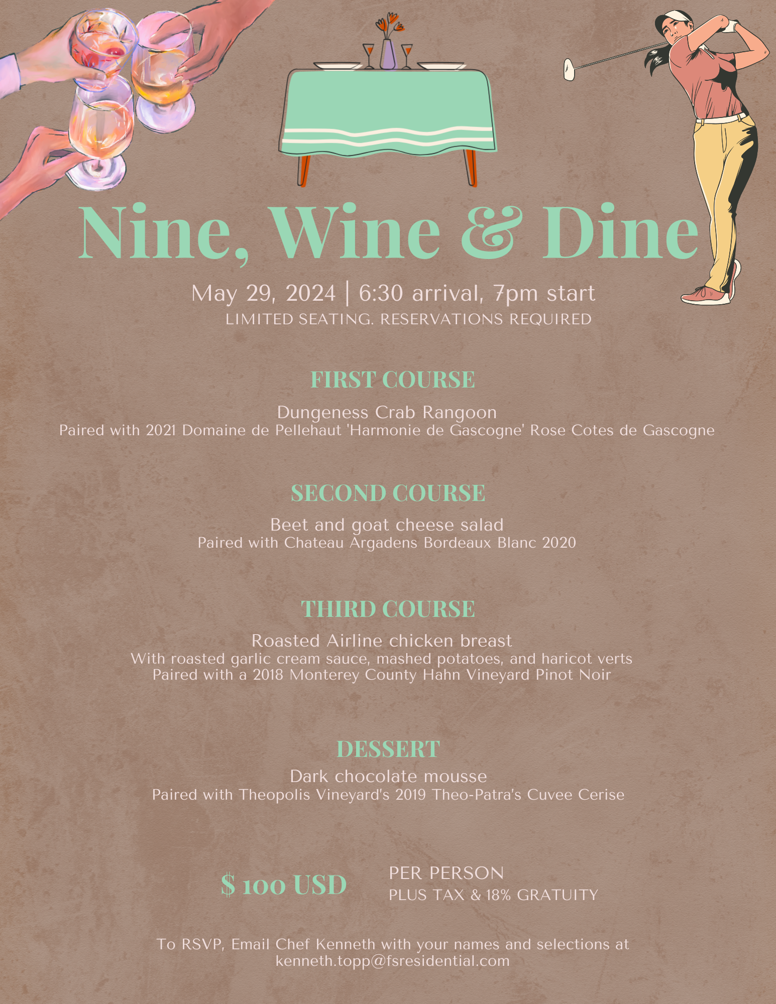 Nine, Wine & Dine Four Course Meal Event! May 29! (RSVP ONLY)